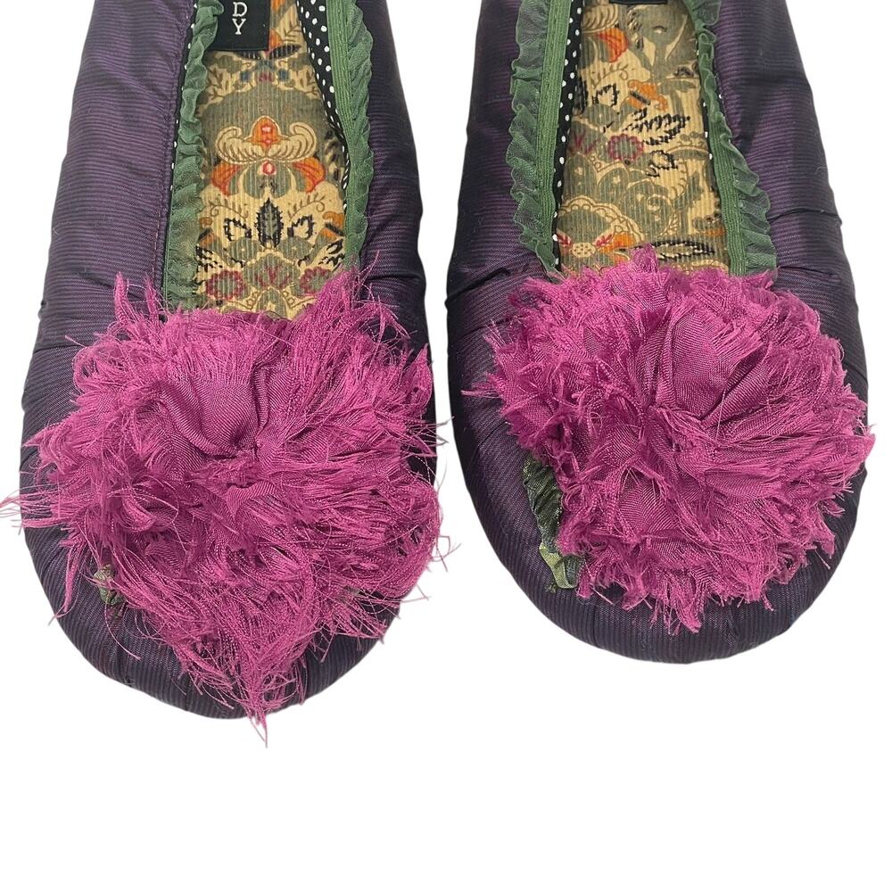Goody Goody Purple Slippers Magenta Pink Flower Green Trim Silk M - Picture 3 of 8
